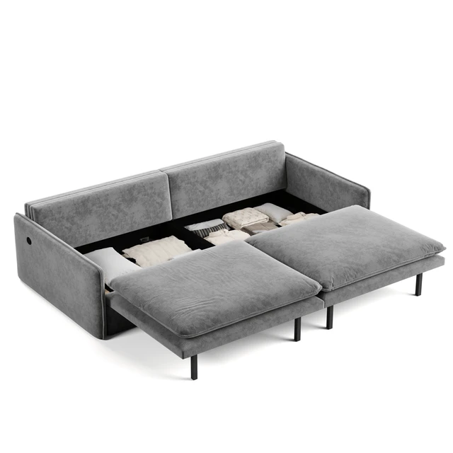Alt view image 6 of 7 - 4 Seat Convertible Sleeper Sofa Bed Chenille Fabric, Deep Seat Cloud Sofa with Storage USB Port and Pillow Pull-Out