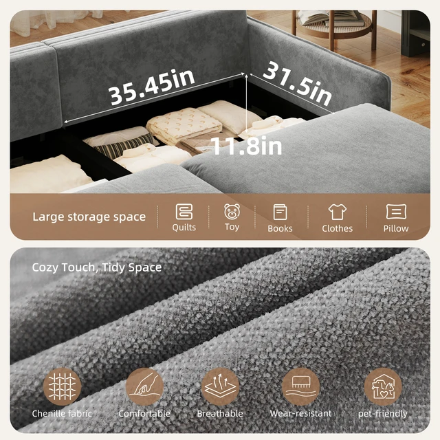Alt view image 5 of 7 - 4 Seat Convertible Sleeper Sofa Bed Chenille Fabric, Deep Seat Cloud Sofa with Storage USB Port and Pillow Pull-Out
