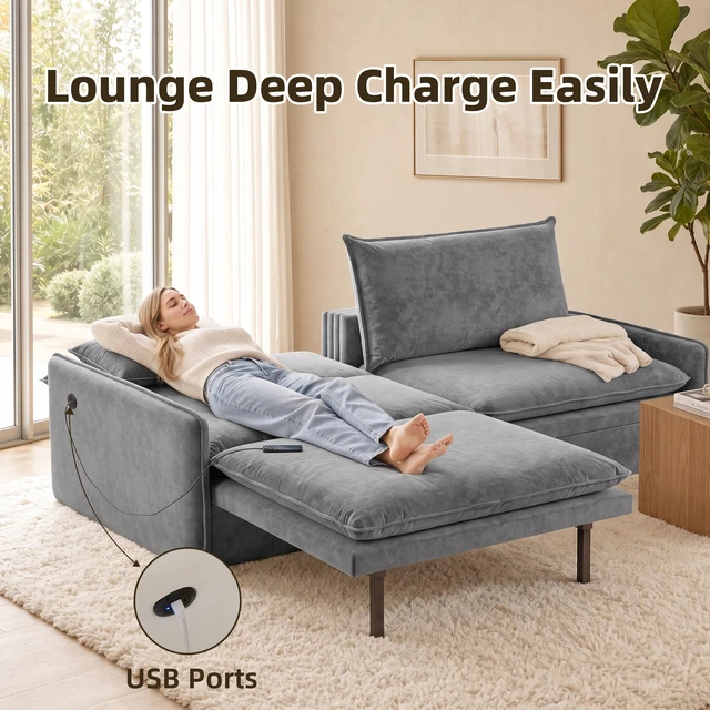 Alt view image 4 of 7 - 4 Seat Convertible Sleeper Sofa Bed Chenille Fabric, Deep Seat Cloud Sofa with Storage USB Port and Pillow Pull-Out