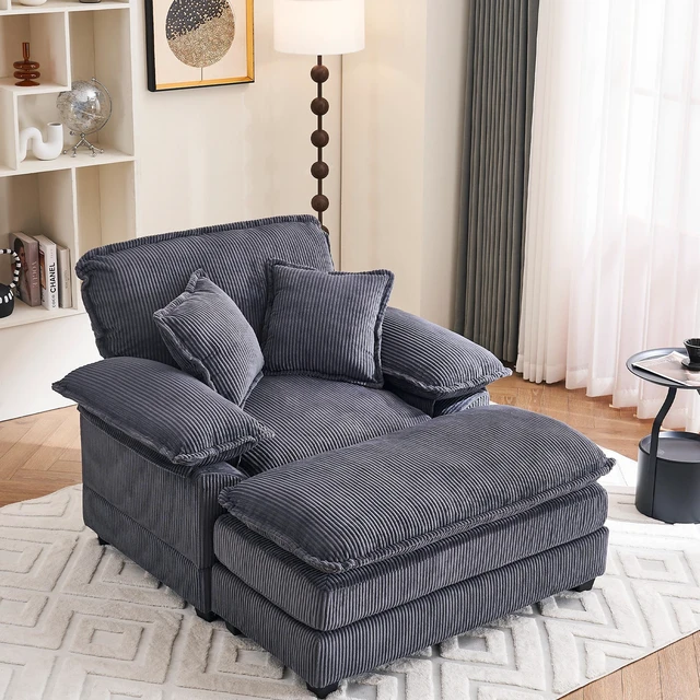 Main image of 46.9 Inch Chair with Ottoman, Corduroy Upholstered Chaise Lounge Chair Indoor Reading Sofa Couche for Living, Dark