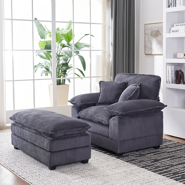 Alt view image 2 of 7 - 46.9 Inch Chair with Ottoman, Corduroy Upholstered Chaise Lounge Chair Indoor Reading Sofa Couche for Living, Dark