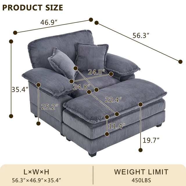 Alt view image 4 of 7 - 46.9 Inch Chair with Ottoman, Corduroy Upholstered Chaise Lounge Chair Indoor Reading Sofa Couche for Living, Dark
