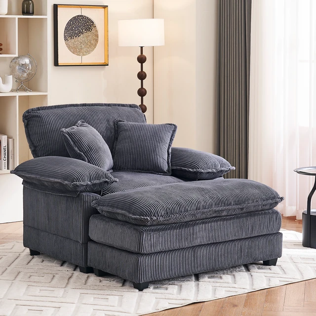 Alt view image 3 of 7 - 46.9 Inch Chair with Ottoman, Corduroy Upholstered Chaise Lounge Chair Indoor Reading Sofa Couche for Living, Dark