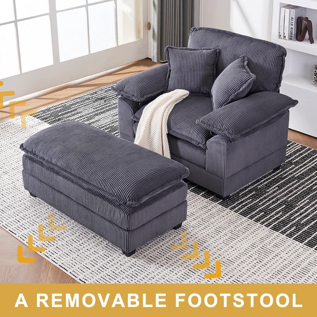 Alt view image 5 of 7 - 46.9 Inch Chair with Ottoman, Corduroy Upholstered Chaise Lounge Chair Indoor Reading Sofa Couche for Living, Dark