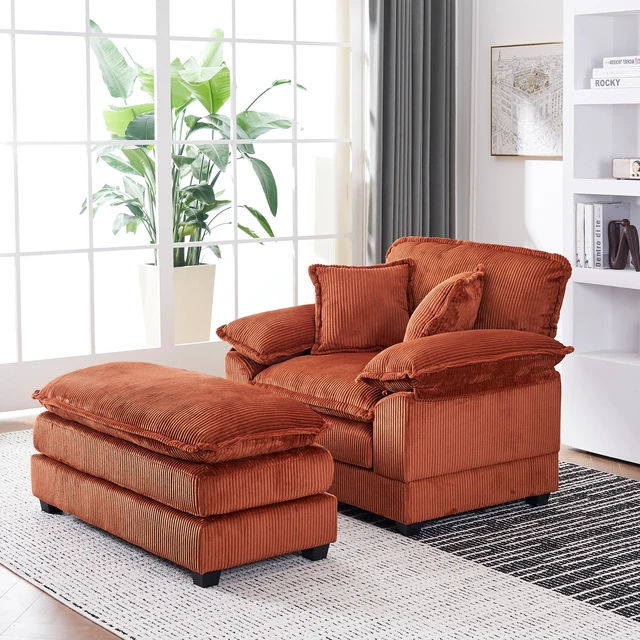 Alt view image 3 of 7 - 46.9 Inch Chair with Ottoman, Corduroy Upholstered Chaise Lounge Chair Indoor Reading Sofa Couche for Living, Orange