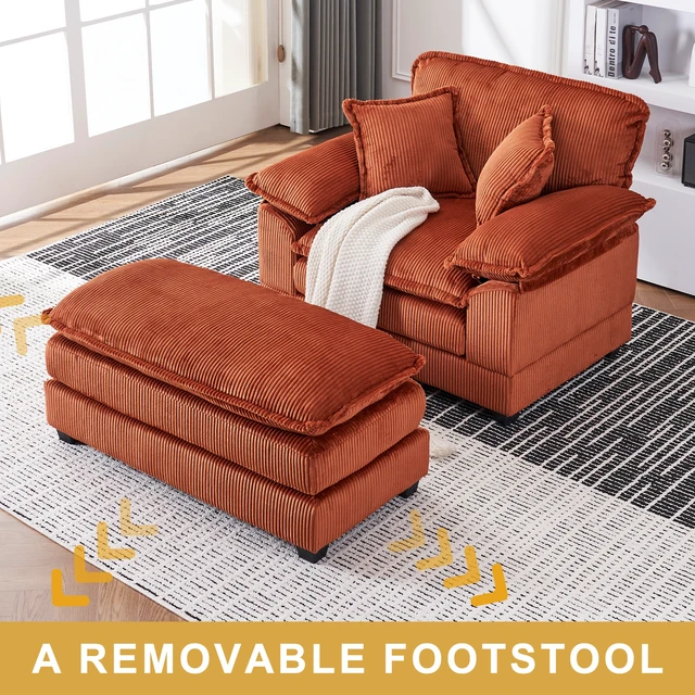 Alt view image 4 of 7 - 46.9 Inch Chair with Ottoman, Corduroy Upholstered Chaise Lounge Chair Indoor Reading Sofa Couche for Living, Orange
