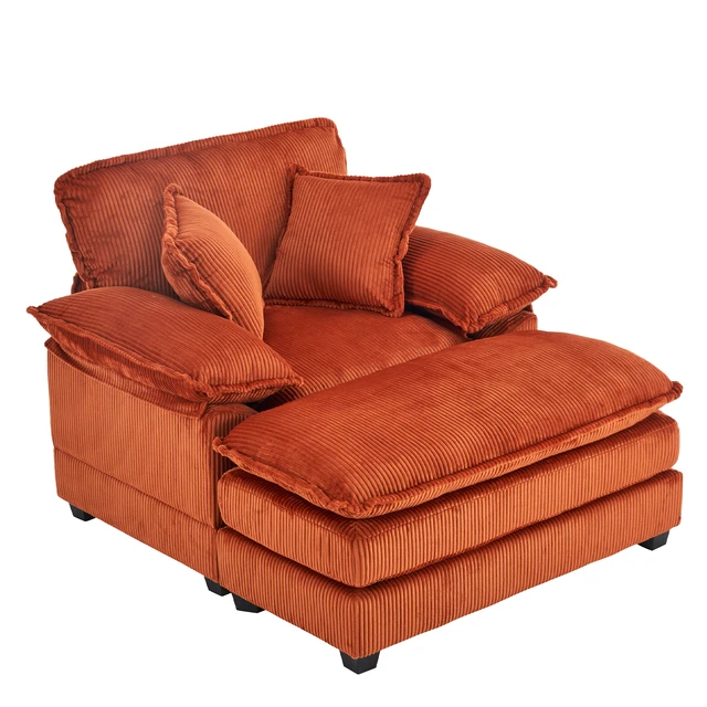 Alt view image 7 of 7 - 46.9 Inch Chair with Ottoman, Corduroy Upholstered Chaise Lounge Chair Indoor Reading Sofa Couche for Living, Orange