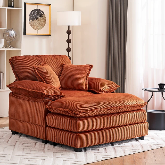 Alt view image 2 of 7 - 46.9 Inch Chair with Ottoman, Corduroy Upholstered Chaise Lounge Chair Indoor Reading Sofa Couche for Living, Orange