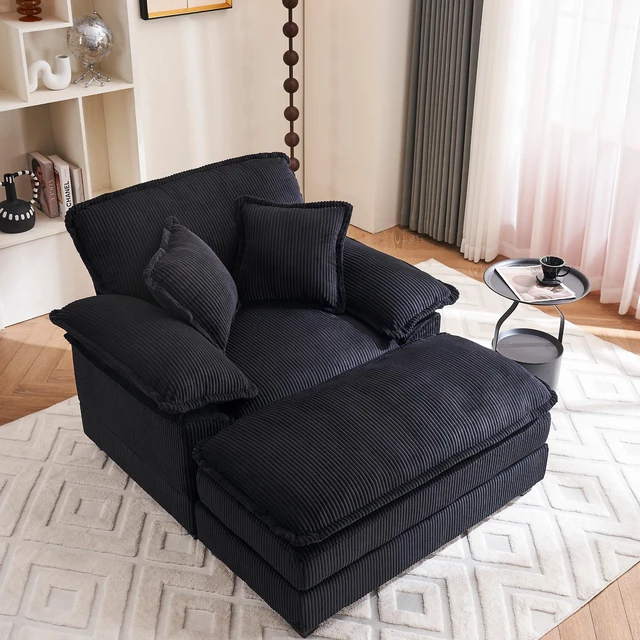Main image of 46.9 Inch Chair with Ottoman, Corduroy Upholstered Chaise Lounge Chair Indoor Reading Sofa Couche for Living, Black