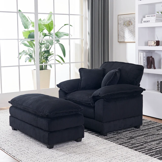 Alt view image 3 of 7 - 46.9 Inch Chair with Ottoman, Corduroy Upholstered Chaise Lounge Chair Indoor Reading Sofa Couche for Living, Black