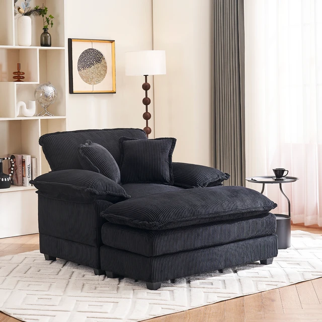 Alt view image 2 of 7 - 46.9 Inch Chair with Ottoman, Corduroy Upholstered Chaise Lounge Chair Indoor Reading Sofa Couche for Living, Black