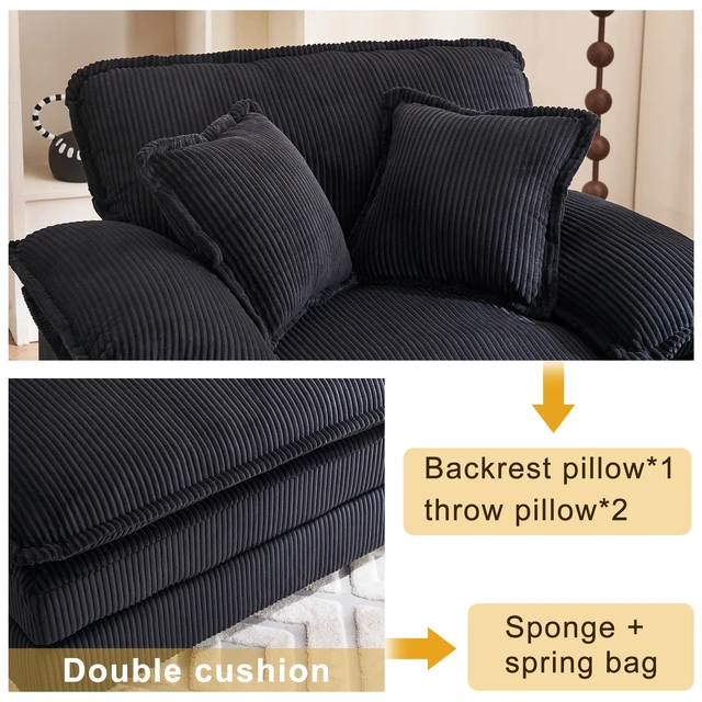 Alt view image 5 of 7 - 46.9 Inch Chair with Ottoman, Corduroy Upholstered Chaise Lounge Chair Indoor Reading Sofa Couche for Living, Black