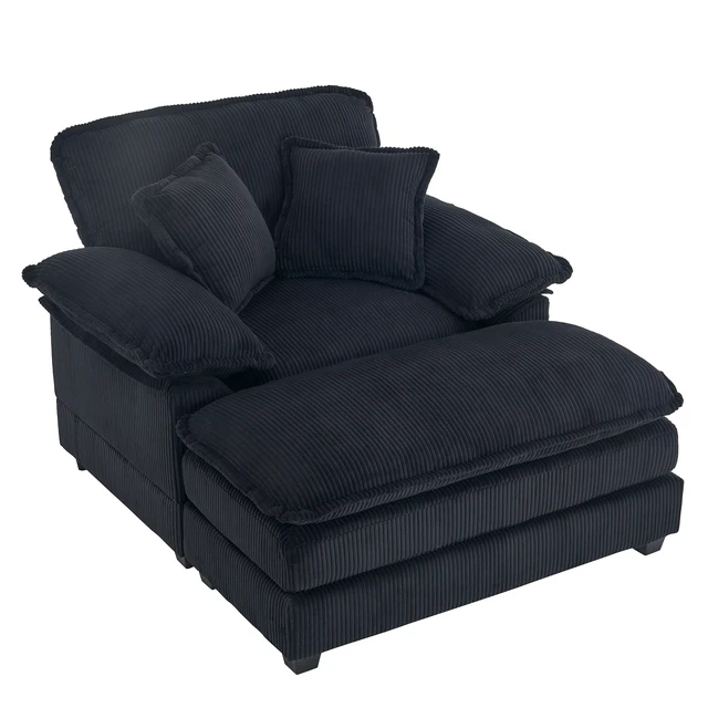 Alt view image 7 of 7 - 46.9 Inch Chair with Ottoman, Corduroy Upholstered Chaise Lounge Chair Indoor Reading Sofa Couche for Living, Black