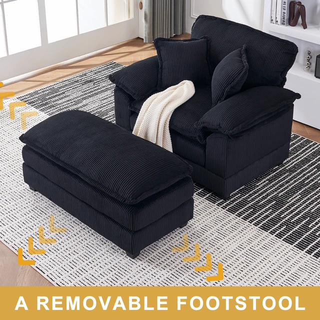 Alt view image 4 of 7 - 46.9 Inch Chair with Ottoman, Corduroy Upholstered Chaise Lounge Chair Indoor Reading Sofa Couche for Living, Black