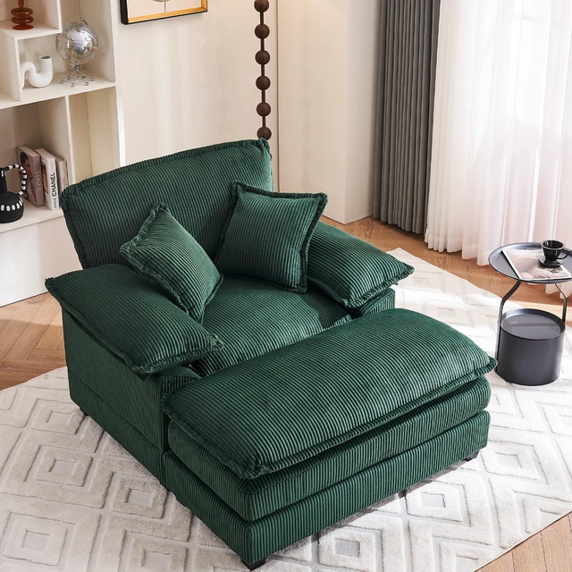 Main image of 46.9 Inch Chair with Ottoman, Corduroy Upholstered Chaise Lounge Chair Indoor Reading Sofa Couche for Living, Green
