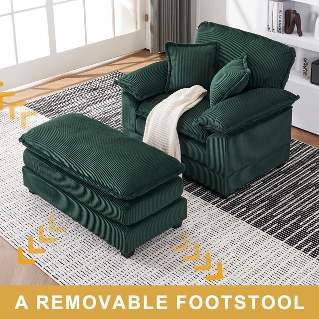 Alt view image 4 of 7 - 46.9 Inch Chair with Ottoman, Corduroy Upholstered Chaise Lounge Chair Indoor Reading Sofa Couche for Living, Green