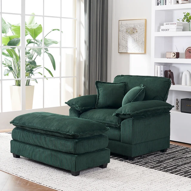 Alt view image 3 of 7 - 46.9 Inch Chair with Ottoman, Corduroy Upholstered Chaise Lounge Chair Indoor Reading Sofa Couche for Living, Green
