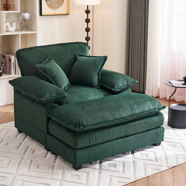 Alt view image 2 of 7 - 46.9 Inch Chair with Ottoman, Corduroy Upholstered Chaise Lounge Chair Indoor Reading Sofa Couche for Living, Green