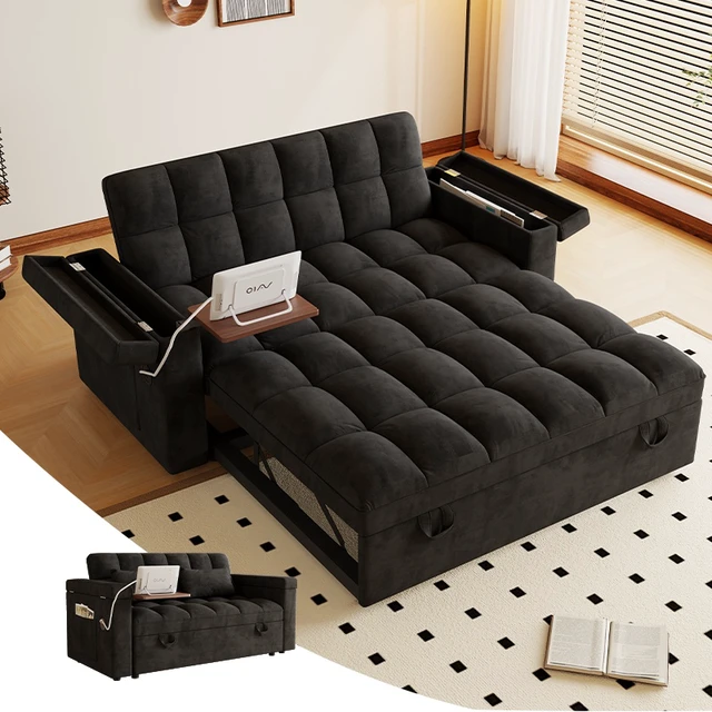 Alt view image 2 of 7 - 65 Inch Foldable Large Size Sofa Bed with Table Board and Uab, Armrests with Storage Function Velvet Double Sofa Bed