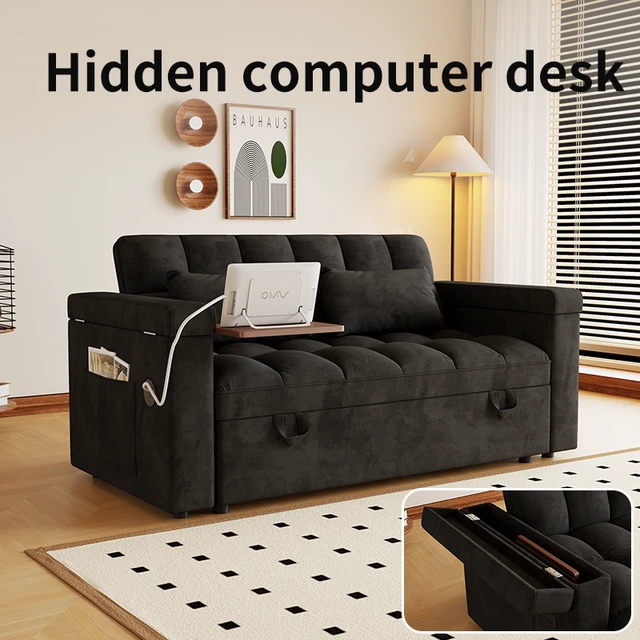 Alt view image 3 of 7 - 65 Inch Foldable Large Size Sofa Bed with Table Board and Uab, Armrests with Storage Function Velvet Double Sofa Bed
