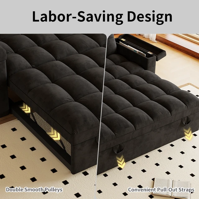 Alt view image 7 of 7 - 65 Inch Foldable Large Size Sofa Bed with Table Board and Uab, Armrests with Storage Function Velvet Double Sofa Bed