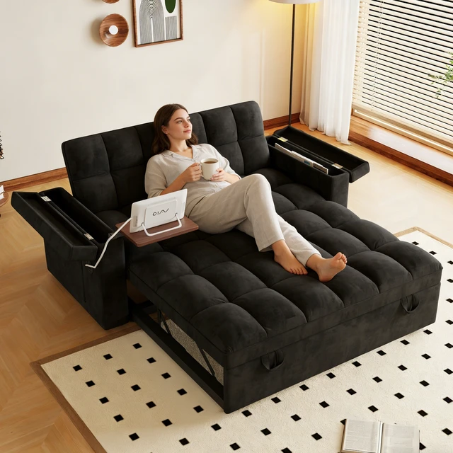 Alt view image 4 of 7 - 65 Inch Foldable Large Size Sofa Bed with Table Board and Uab, Armrests with Storage Function Velvet Double Sofa Bed