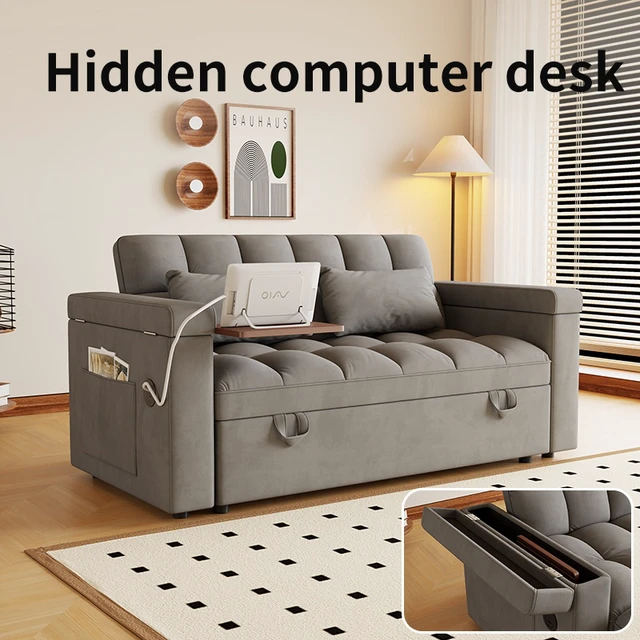 Alt view image 2 of 6 - 65 Inch Foldable Large Size Sofa Bed with Table Board and Uab, Armrests with Storage Function Velvet Double Sofa Bed