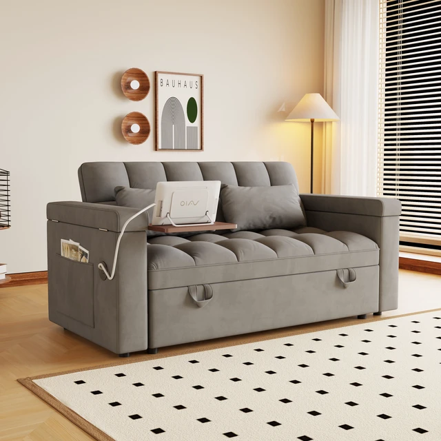 Main image of 65 Inch Foldable Large Size Sofa Bed with Table Board and Uab, Armrests with Storage Function Velvet Double Sofa Bed