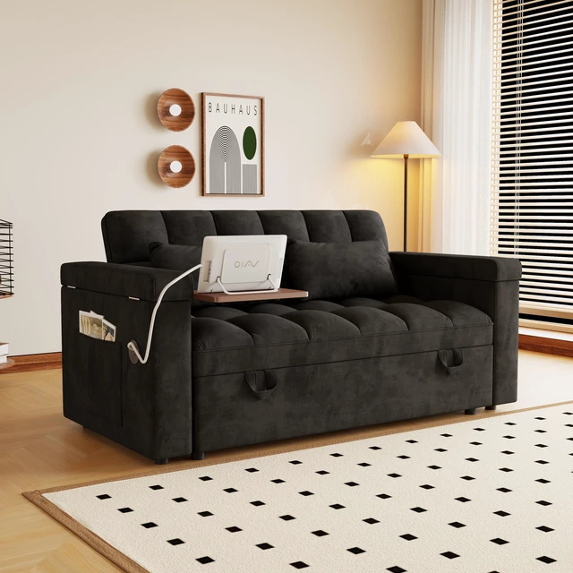 Main image of 65 Inch Foldable Large Size Sofa Bed with Table Board and Uab, Armrests with Storage Function Velvet Double Sofa Bed