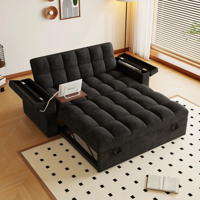 Alt view image 5 of 7 - 65 Inch Foldable Large Size Sofa Bed with Table Board and Uab, Armrests with Storage Function Velvet Double Sofa Bed