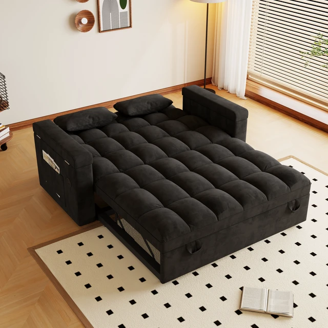 Alt view image 6 of 7 - 65 Inch Foldable Large Size Sofa Bed with Table Board and Uab, Armrests with Storage Function Velvet Double Sofa Bed