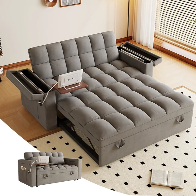 Alt view image 3 of 6 - 65 Inch Foldable Large Size Sofa Bed with Table Board and Uab, Armrests with Storage Function Velvet Double Sofa Bed