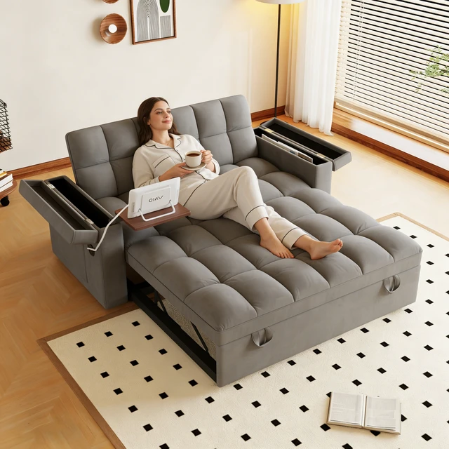 Alt view image 4 of 6 - 65 Inch Foldable Large Size Sofa Bed with Table Board and Uab, Armrests with Storage Function Velvet Double Sofa Bed