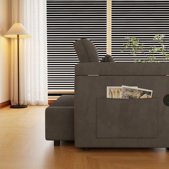 Alt view image 5 of 6 - 65 Inch Foldable Large Size Sofa Bed with Table Board and Uab, Armrests with Storage Function Velvet Double Sofa Bed