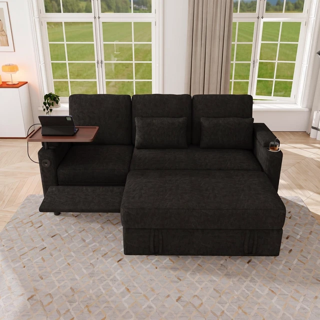 Alt view image 4 of 7 - 81 Inch Foldable Three Person Sofa Bed with Table Board and USB Ports, Armrests with Storage Function High Chenille