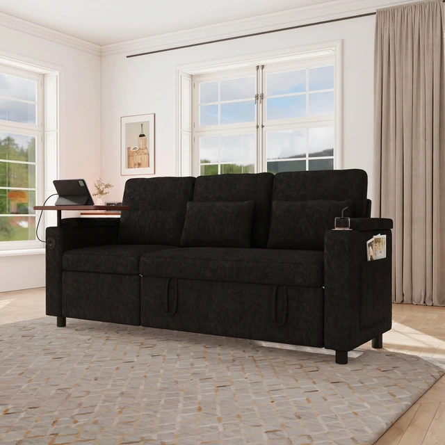 Alt view image 3 of 7 - 81 Inch Foldable Three Person Sofa Bed with Table Board and USB Ports, Armrests with Storage Function High Chenille