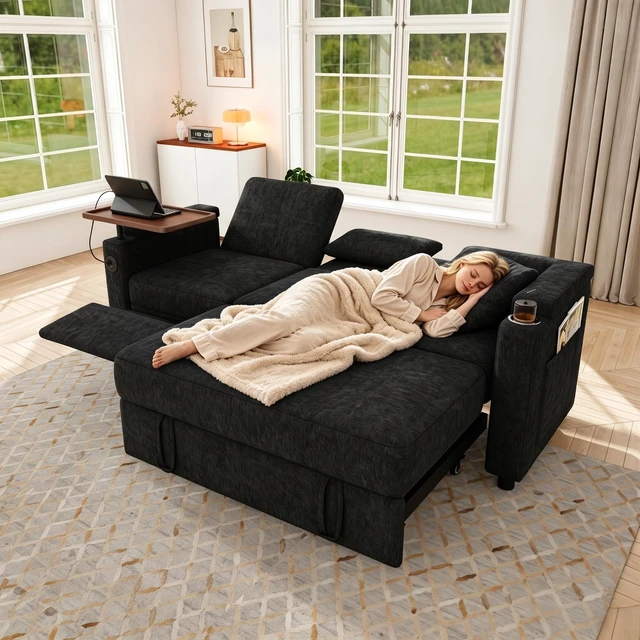 Main image of 81 Inch Foldable Three Person Sofa Bed with Table Board and USB Ports, Armrests with Storage Function High Chenille