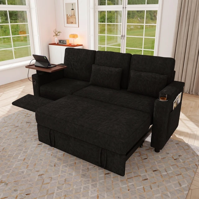 Alt view image 5 of 7 - 81 Inch Foldable Three Person Sofa Bed with Table Board and USB Ports, Armrests with Storage Function High Chenille