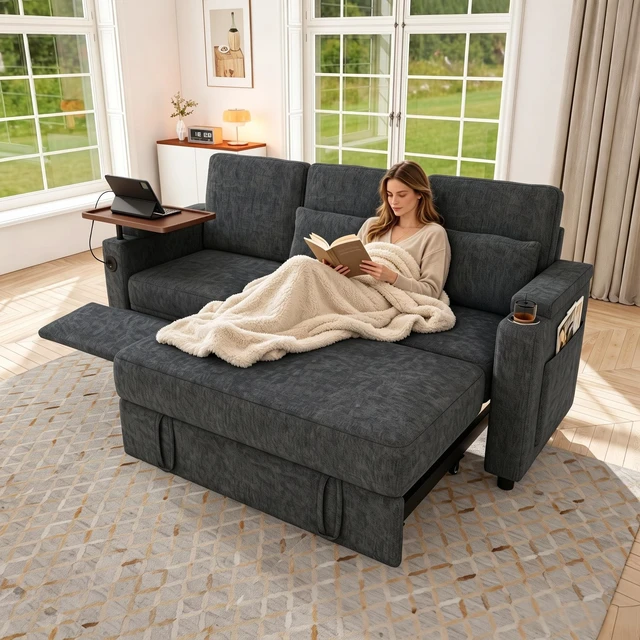 Main image of 81 Inch Foldable Three Person Sofa Bed with Table Board and USB Ports, Armrests with Storage Function High Chenille