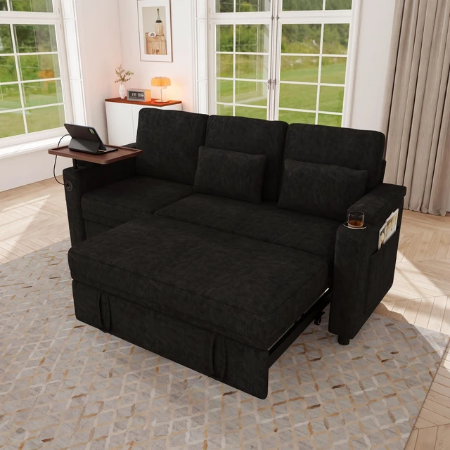 Alt view image 6 of 7 - 81 Inch Foldable Three Person Sofa Bed with Table Board and USB Ports, Armrests with Storage Function High Chenille