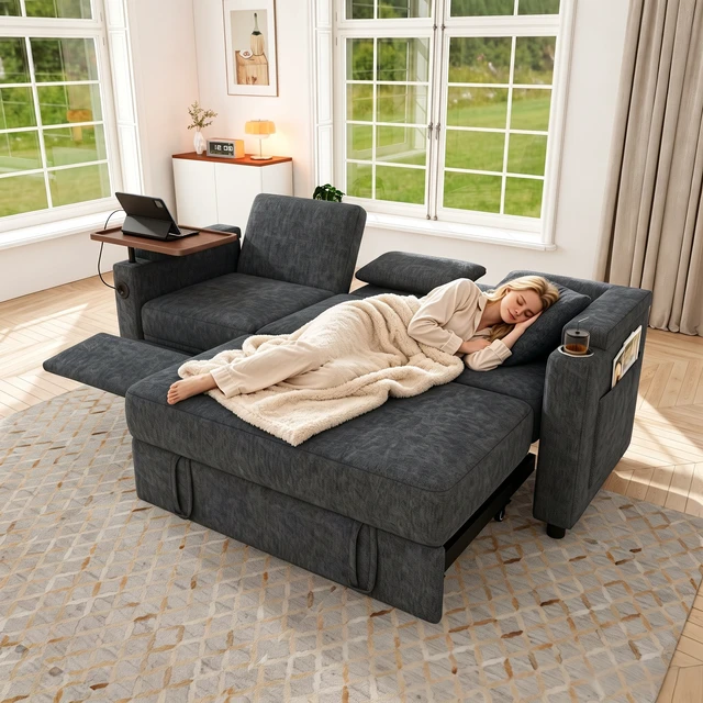 Alt view image 2 of 7 - 81 Inch Foldable Three Person Sofa Bed with Table Board and USB Ports, Armrests with Storage Function High Chenille