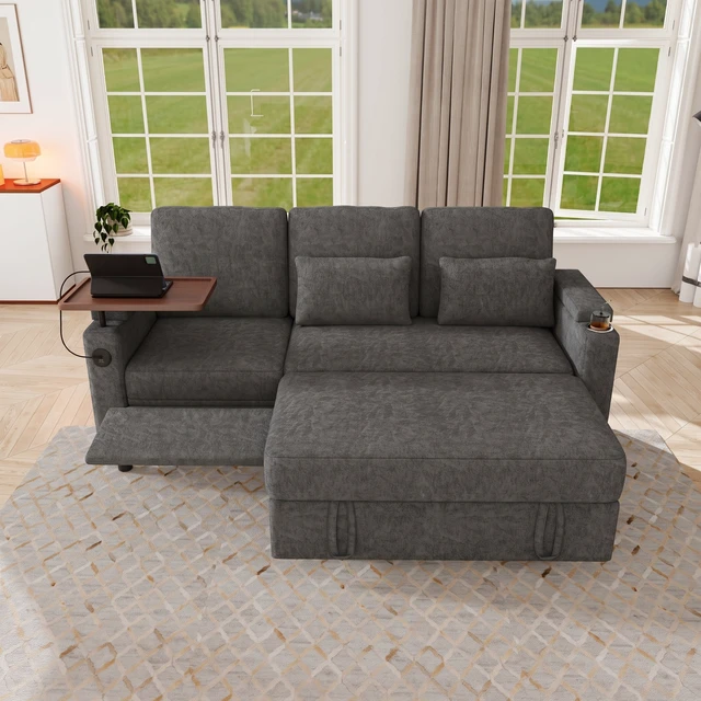 Alt view image 3 of 7 - 81 Inch Foldable Three Person Sofa Bed with Table Board and USB Ports, Armrests with Storage Function High Chenille