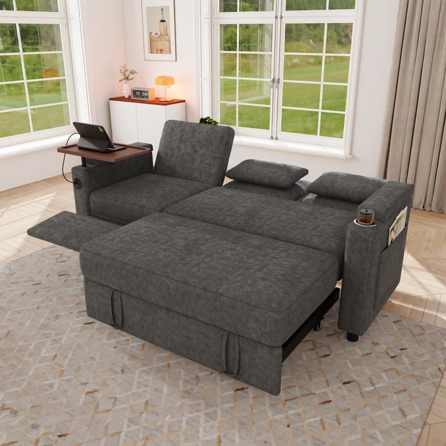 Alt view image 7 of 7 - 81 Inch Foldable Three Person Sofa Bed with Table Board and USB Ports, Armrests with Storage Function High Chenille