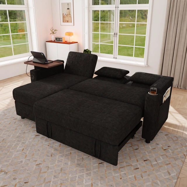 Alt view image 7 of 7 - 81 Inch Foldable Three Person Sofa Bed with Table Board and USB Ports, Armrests with Storage Function High Chenille