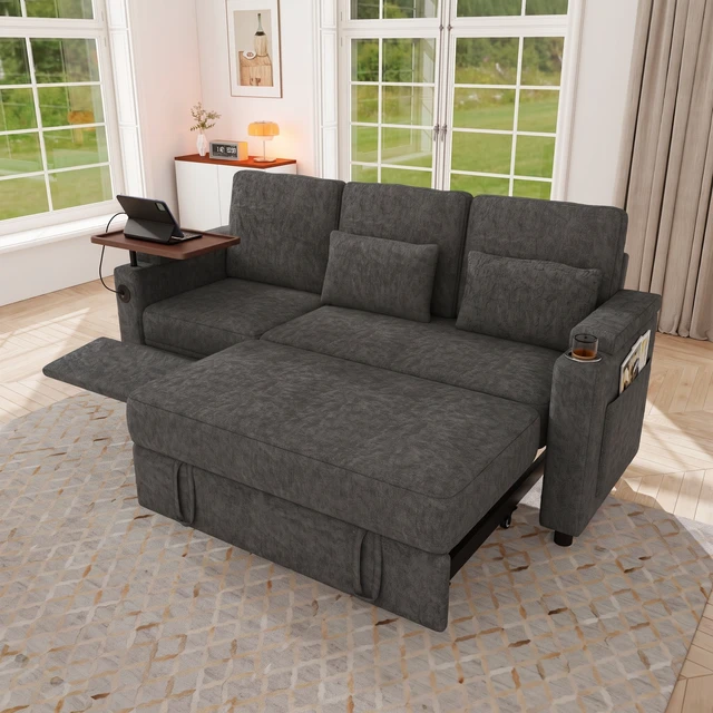 Alt view image 6 of 7 - 81 Inch Foldable Three Person Sofa Bed with Table Board and USB Ports, Armrests with Storage Function High Chenille