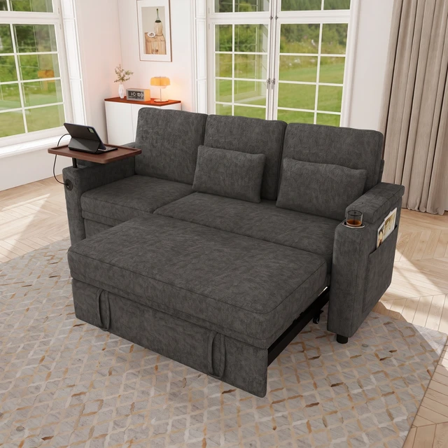 Alt view image 4 of 7 - 81 Inch Foldable Three Person Sofa Bed with Table Board and USB Ports, Armrests with Storage Function High Chenille