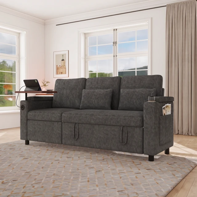 Alt view image 5 of 7 - 81 Inch Foldable Three Person Sofa Bed with Table Board and USB Ports, Armrests with Storage Function High Chenille