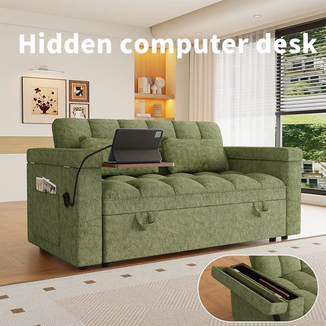 Alt view image 2 of 4 - 65 Inch Three In-One Folding Sofa Bed, Simple Double Sofa with Adjustable Backrest Equipped with Storage Bag