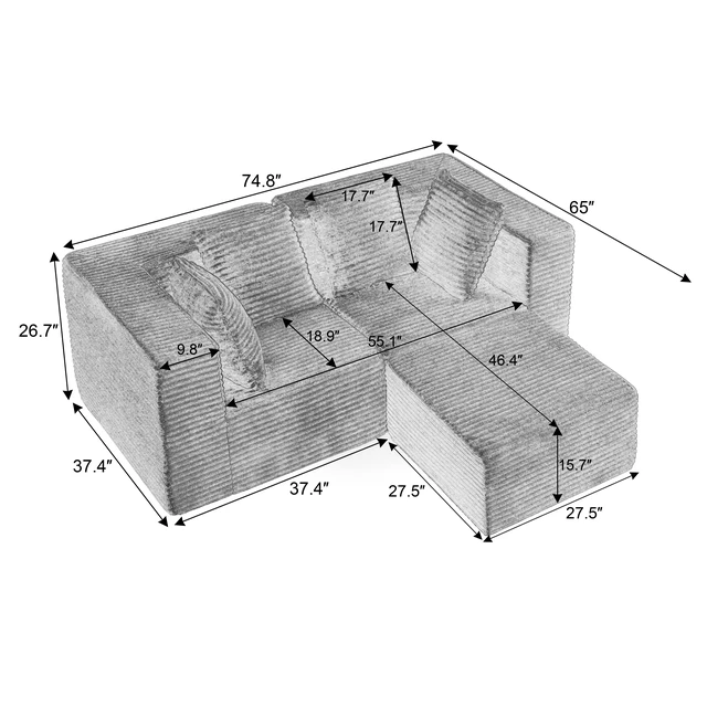Alt view image 4 of 4 - Couches for Living, Modular Sectional Sofa, Black, Corduroy