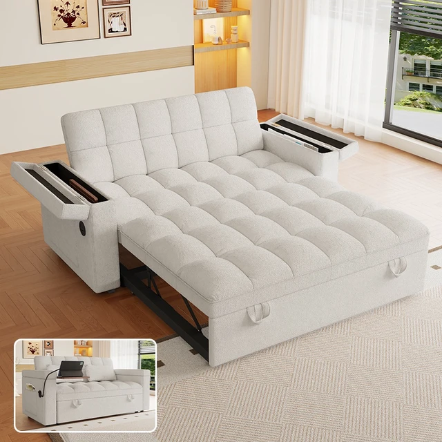 Alt view image 4 of 4 - Foldable Large Size Sofa Bed, Velvet Double Sofa Bed with Adjustable Back Storage Bag and Pillow Suitable for Living
